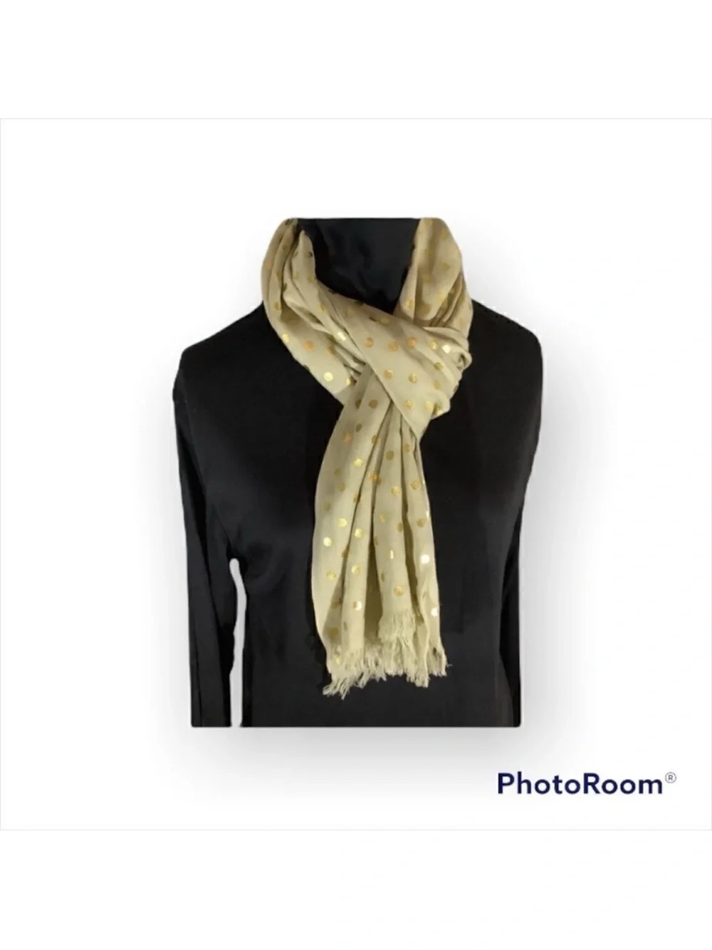 New JCrew 100% Wool Tan Scarf With Gold Polka Dots
